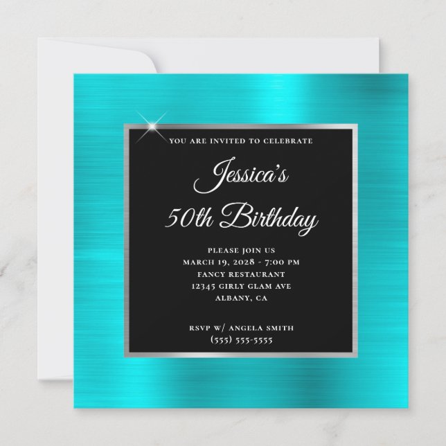 Turquoise Blue and Silver Foil Black 50th Birthday Invitation (Front)