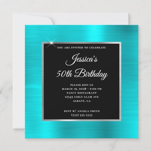 Turquoise Blue and Silver Foil Black 50th Birthday Invitation