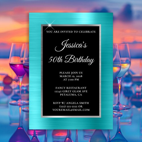 Turquoise Blue and Silver Foil Black 50th Birthday Invitation