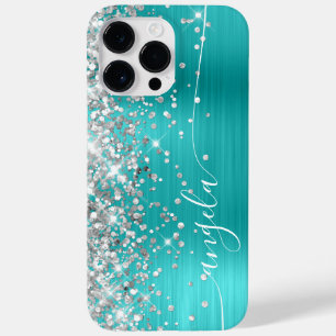 Turquoise Blue and Silver Glittery Glam Signature Case-Mate iPhone 14 Pro Max Case