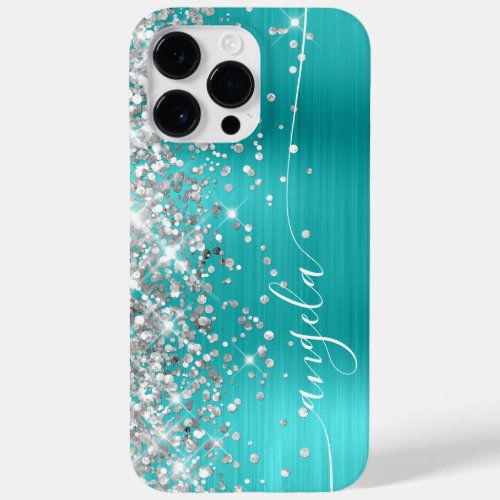 Turquoise Blue and Silver Glittery Glam Signature Case_Mate iPhone 14 Pro Max Case