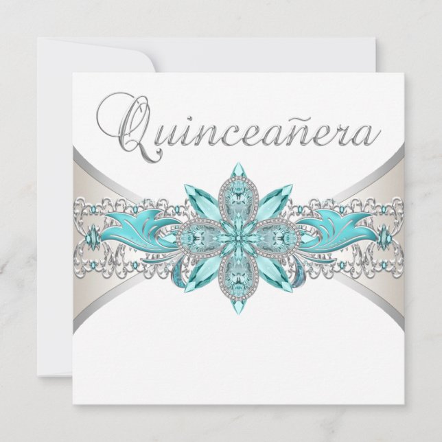 Turquoise Blue and Silver Quinceanera Invitation (Front)