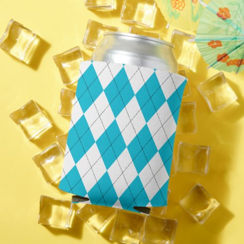 Turquoise Blue and White Argyle Pattern Can Cooler