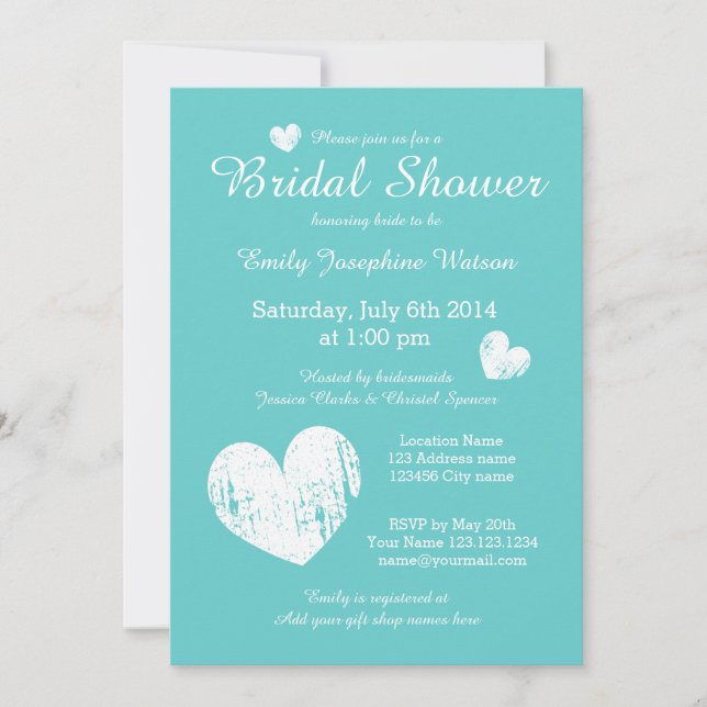 Turquoise blue and white bridal shower invitations (Front)