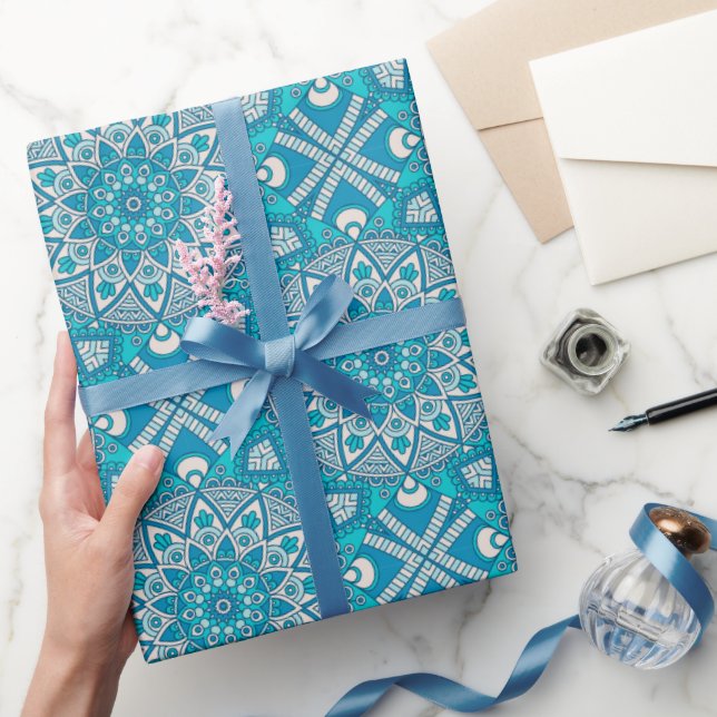 Turquoise Blue and White Circle Mandala  Wrapping Paper (Gifting)