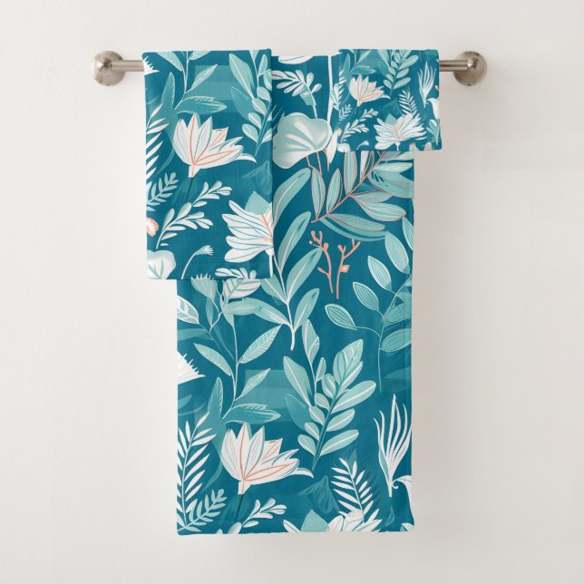 Turquoise Blue and White Floral Elegant Pattern Bath Towel Set (Insitu)