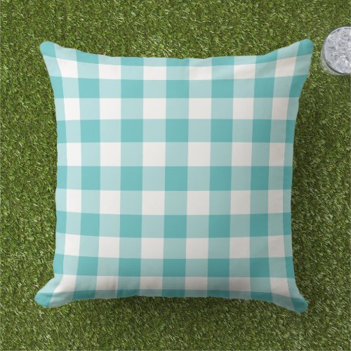 Turquoise Blue and White Gingham Plaid Pattern Outdoor Pillow