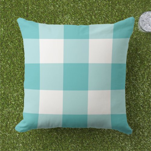Turquoise Blue and White Gingham Plaid Pattern Outdoor Pillow
