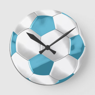 Turquoise Blue and White Soccer Ball Round Clock