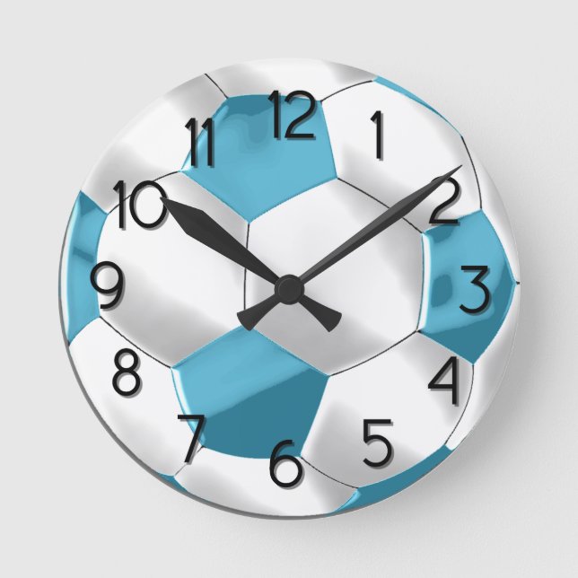 Turquoise Blue and White Soccer Ball Round Clock (Front)