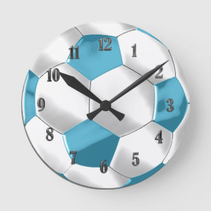 Turquoise Blue and White Soccer Ball Round Clock