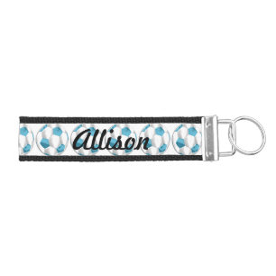 Turquoise Blue and White Soccer Balls with Name Wrist Keychain