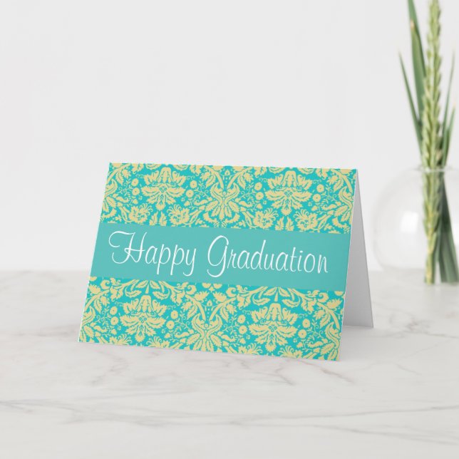 Turquoise Blue and Yellow Damask Graduation Card (Front)
