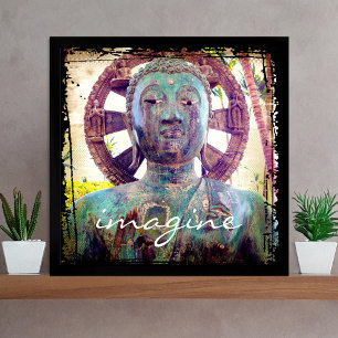 Turquoise Blue Antique Buddha Photo Imagine Script Poster