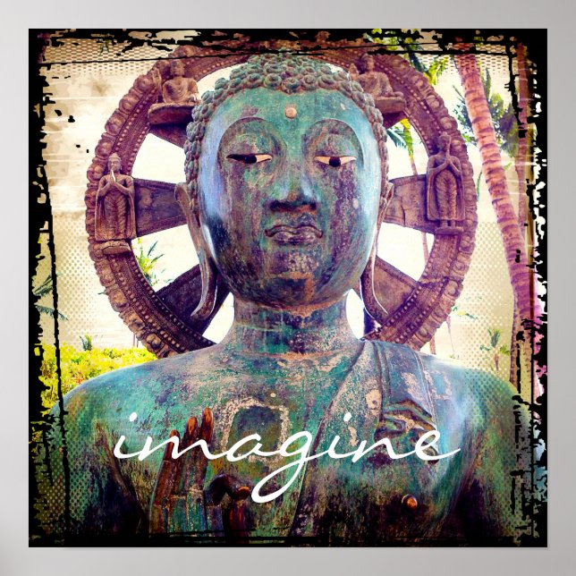 Turquoise Blue Antique Buddha Photo Imagine Script Poster (Front)