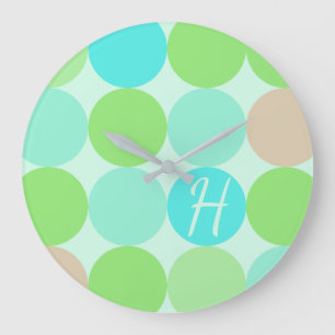 Turquoise Blue, Apple Green & Light Coral Circles Large Clock