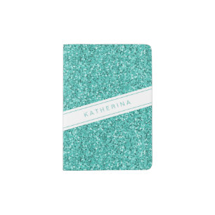 Turquoise Blue Aqua Glitter Girly Modern Stripe Passport Holder