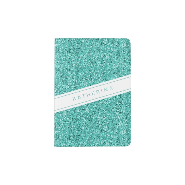 Turquoise Blue Aqua Glitter Girly Modern Stripe Passport Holder (Front)