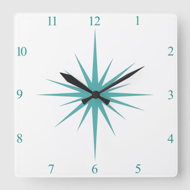 Turquoise Blue Atomic Starburst Numbers Midcentury Square Wall Clock (Front)