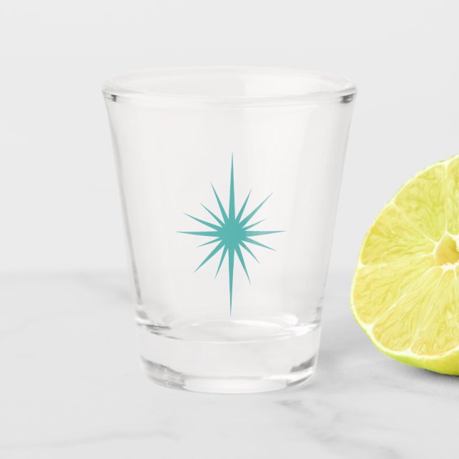 Turquoise Blue Atomic Starburst Retro Mid Century Shot Glass (Front)