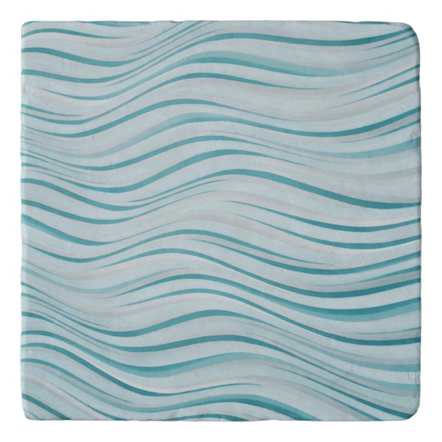 Turquoise Blue Beach Wave Stripe Marble Trivet (Front)