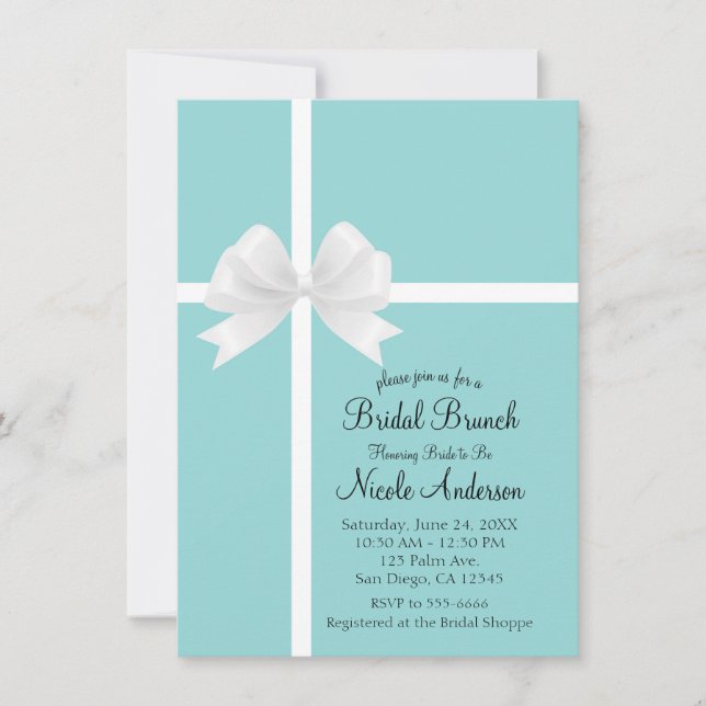 Turquoise Blue Big White Bow Bridal Shower Invitation (Front)