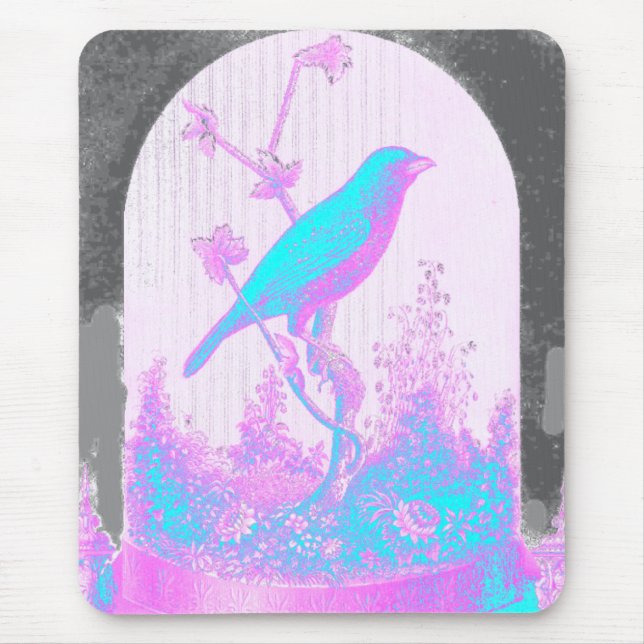 Turquoise Blue Bird, pale pink, purple, black Mouse Pad (Front)