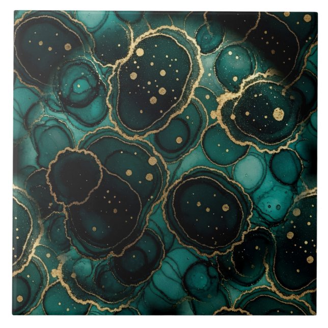 Turquoise Blue, Black and Gold Alcohol Ink Ceramic Tile (Front)