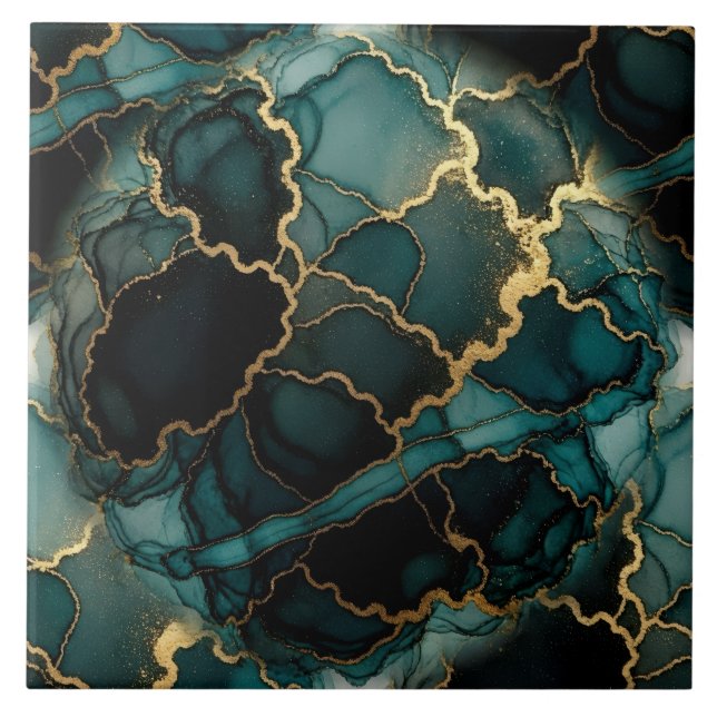 Turquoise Blue, Black and Gold Alcohol Ink Ceramic Tile (Front)