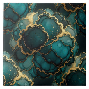 Turquoise Blue, Black and Gold Alcohol Ink Ceramic Tile