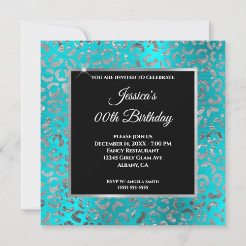 Turquoise Blue Black and Silver Leopard Birthday Invitation