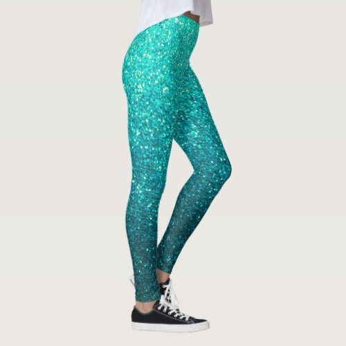 Turquoise Blue Black Glitter Ombre Sparkles Yoga Leggings