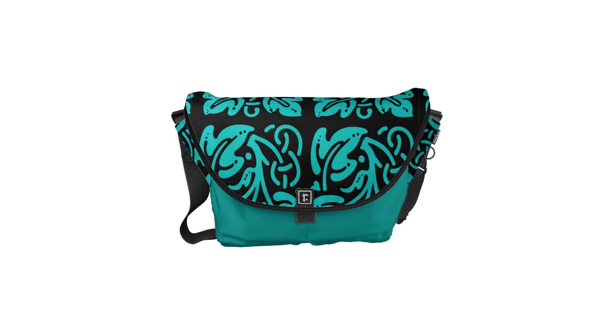 Turquoise Blue & Black Leaf Design Messenger Bag | Zazzle