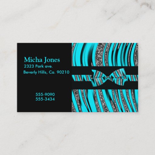 Customizable Turquoise Blue &amp; Black Zebra Glitter Stripes Business Card