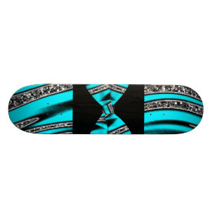 Turquoise Blue & Black Zebra Glitter Stripes Skateboard Deck