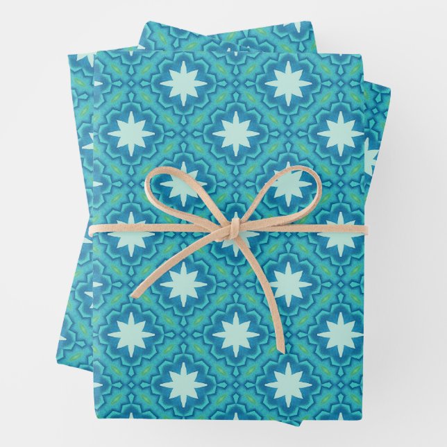 Turquoise Blue Boho Star Pattern Wrapping Paper Sheets (In situ)