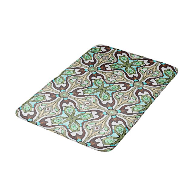 Turquoise Blue Brown Retro Nouveau Deco Pattern Bathroom Mat (Angled)