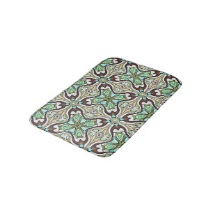 Turquoise Blue Brown Retro Nouveau Deco Pattern Bathroom Mat