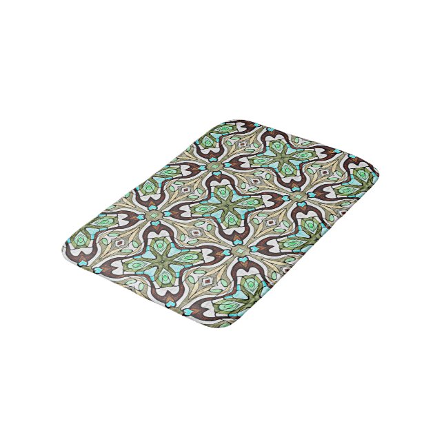 Turquoise Blue Brown Retro Nouveau Deco Pattern Bathroom Mat (Angled)