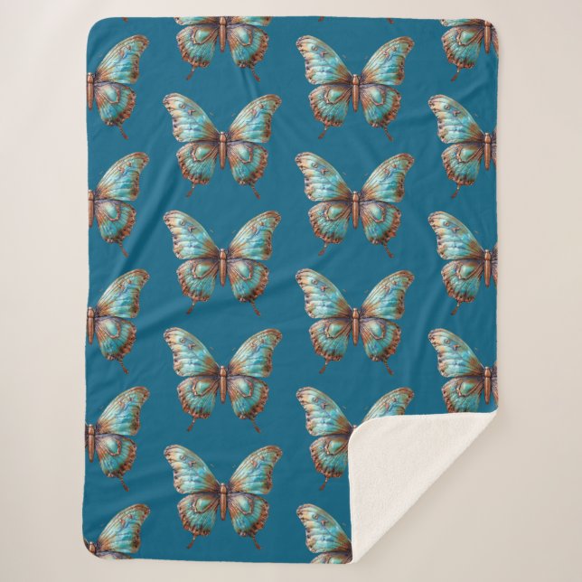 Turquoise Blue Butterflies Sherpa Blanket (Front)