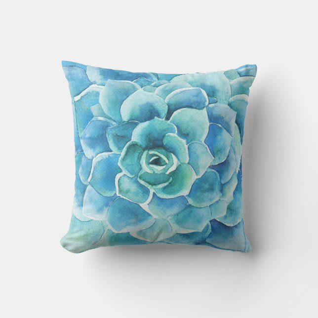 Turquoise-blue Cactus Illustration Throw Pillow (Front)