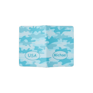 Turquoise Blue Camo Camouflage Name Country Custom Passport Holder