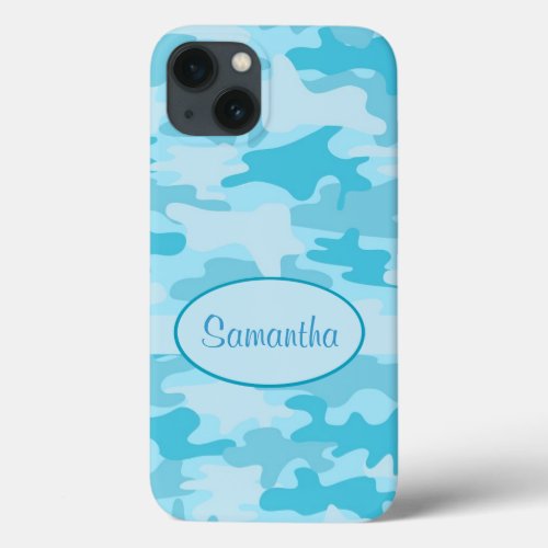 Turquoise Blue Camo Camouflage Name Personalized iPhone 13 Case