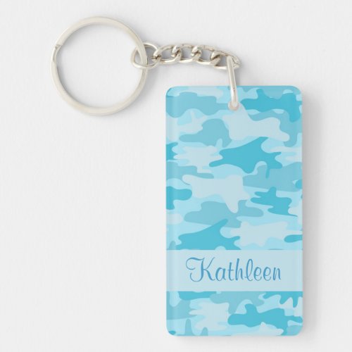 Turquoise Blue Camo Camouflage Name Personalized Keychain