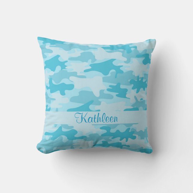 Turquoise Blue Camo Camouflage Name Personalized Throw Pillow (Front)