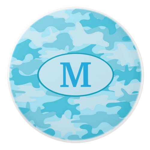 Turquoise Blue Camouflage Monogram Initial Ceramic Knob