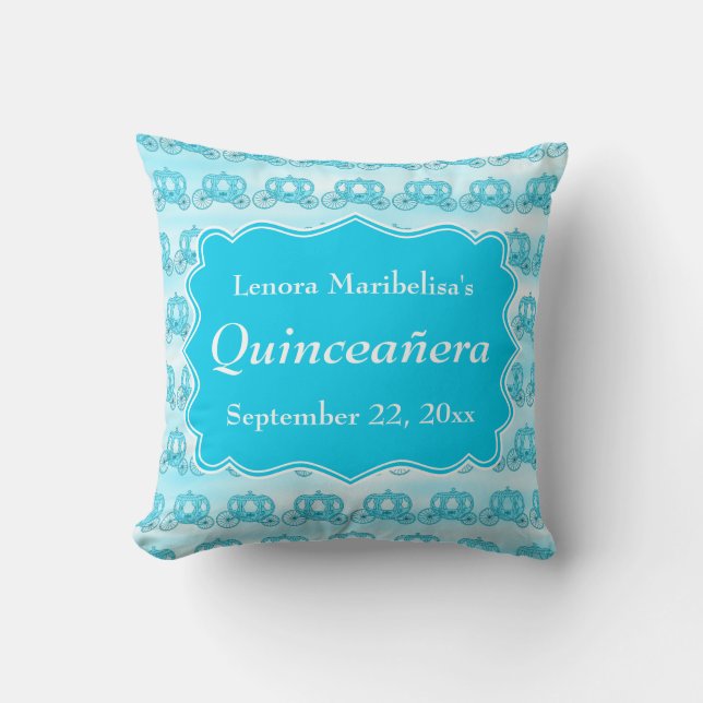 Turquoise Blue Carriages Quinceanera Throw Pillow (Front)