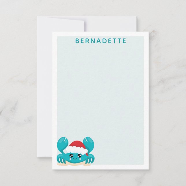Turquoise Blue Christmas Crab Personalized Note Card (Front)