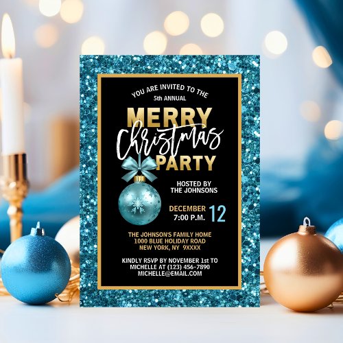 Turquoise Blue Christmas PARTY Black Gold Glitter Invitation