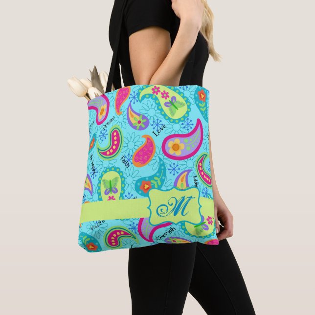 Turquoise Blue Colorful Modern Paisley Monogram Tote Bag (Close Up)